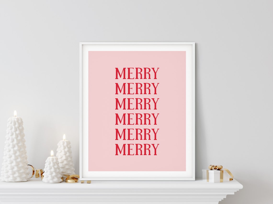 Merry Repeated Red Type Blush Pink Modern Minimalist Holiday Poster - Image 3