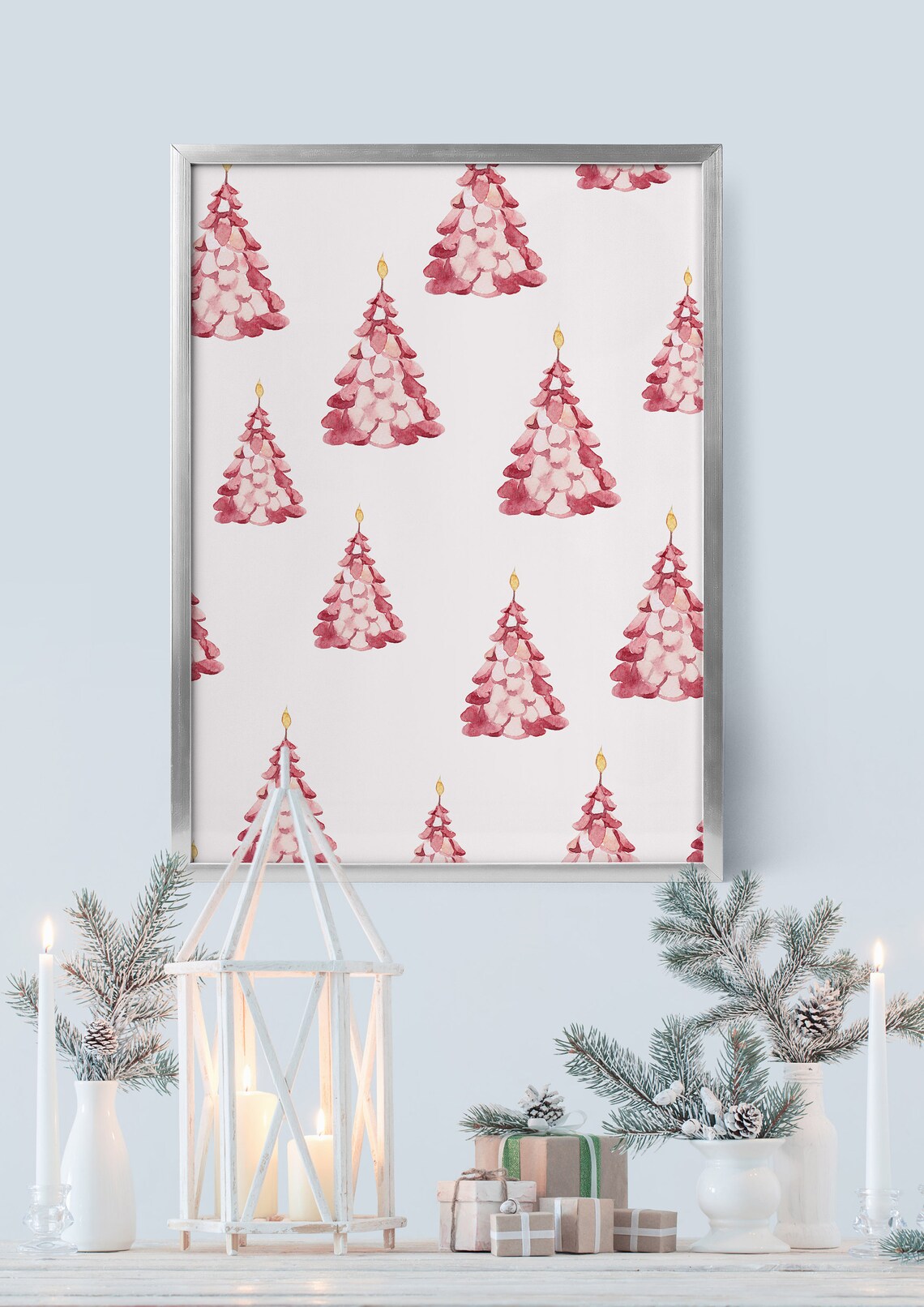 Pink Christmas Tree Watercolor Minimalist Scandinavian Holiday Poster - Image 3