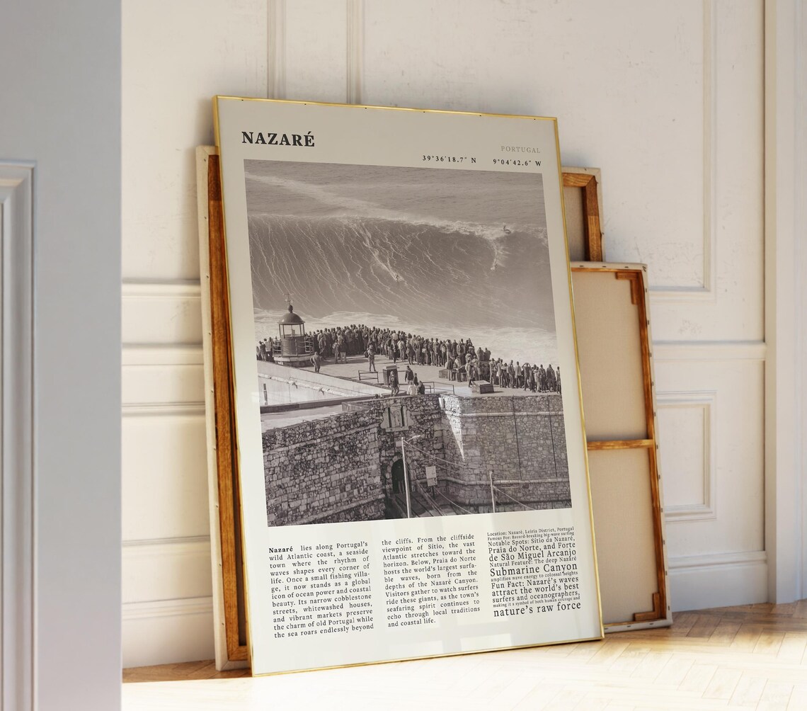 Vintage Nazare Portugal Big Wave Surfing Travel Poster