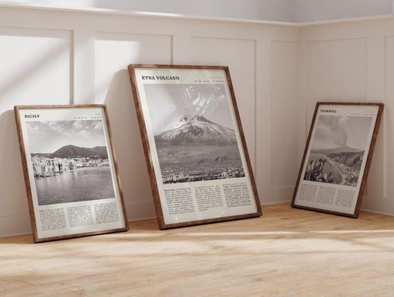 Set Of 3 Sicily Black White Posters Etna Taormina And Sicilian Coast Vintage Italy Wall Art For Travel Lovers