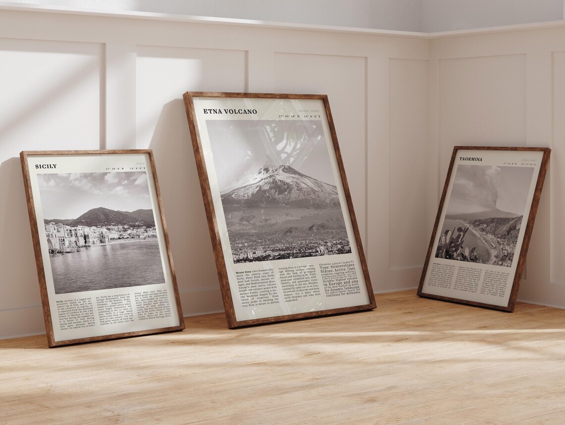 Sicily Trio Etna Volcano Taormina Black and White Travel Gallery Wall Art