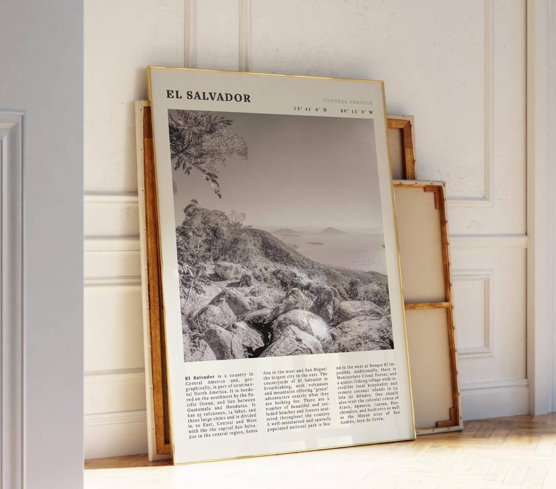 El Salvador Black White Poster Vintage Volcano Coast Central America Travel Gift