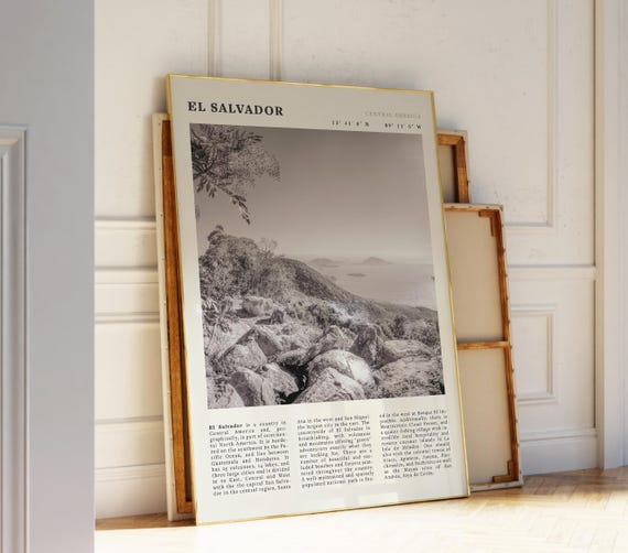 El Salvador Black White Poster Vintage Volcano Coast Central America Travel Gift