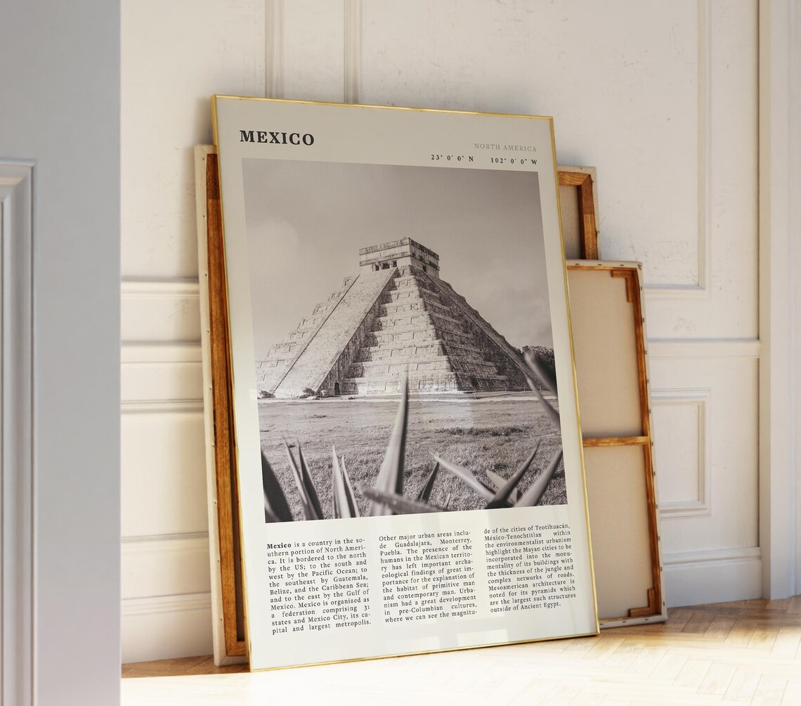 Mexico Chichen Itza Mayan Pyramid Black And White Vintage Travel Poster