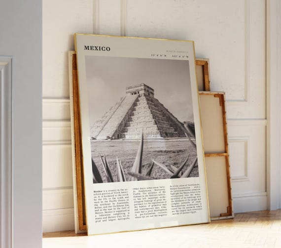 Mexico Black White Travel Poster Chichen Itza Print Vintage Mayan Pyramid Wall Art Unique Gift For History Lovers