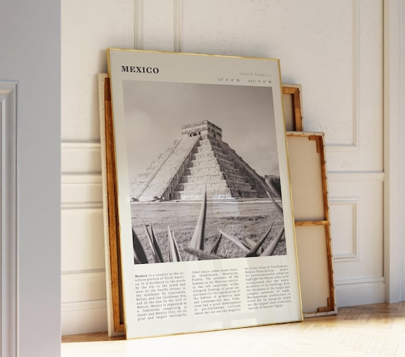Mexico Chichen Itza Mayan Pyramid Black And White Vintage Travel Poster