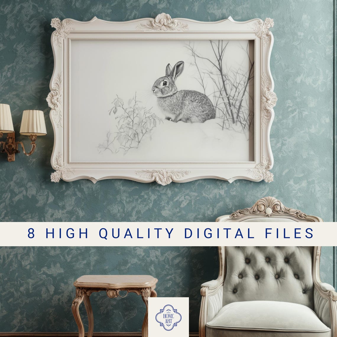 Gray Rabbit Sitting in Snow Pencil Sketch Winter Scene Art Print - Image 3
