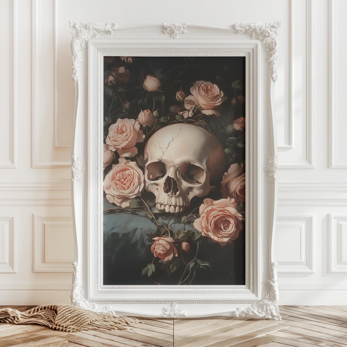 Skull With Blush Roses Dark Moody Floral Halloween Art Poster