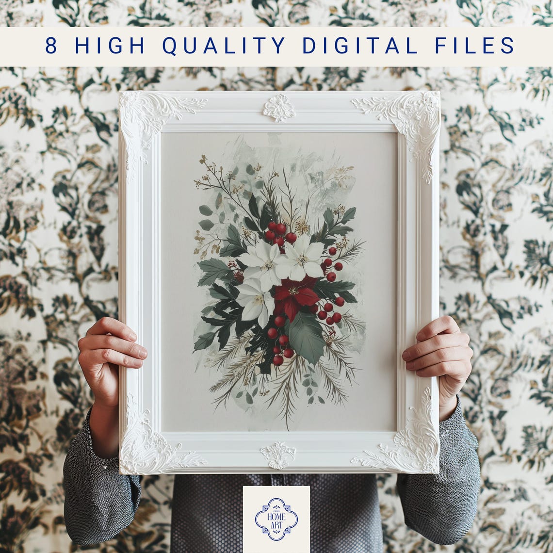 Christmas Floral Bouquet White Blooms Red Berries Watercolor Poster - Image 3