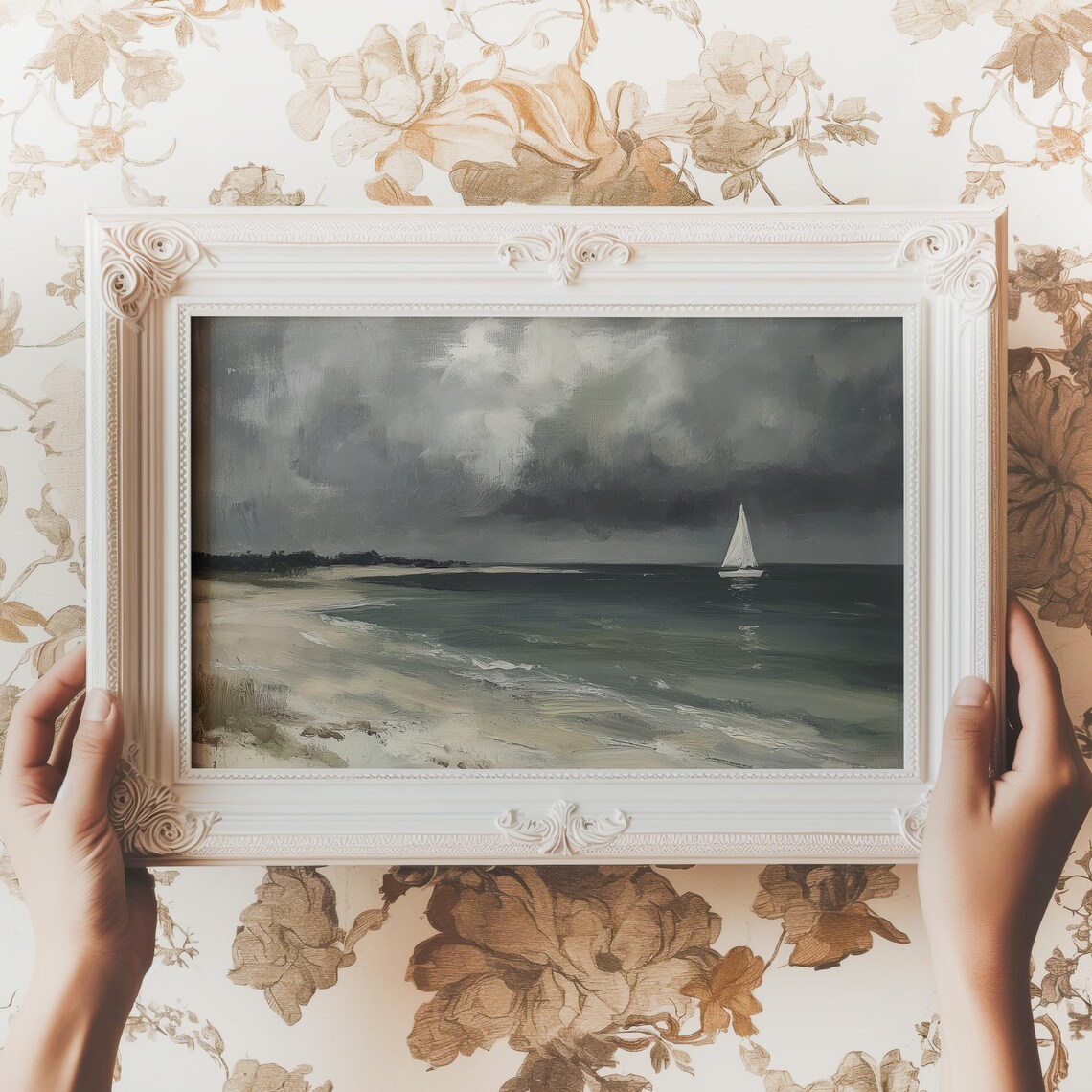 Stormy Beach with Sailboat Under Dark Clouds Moody Seascape Print