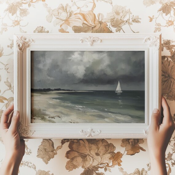 Stormy Beach with Sailboat Under Dark Clouds Moody Seascape Print
