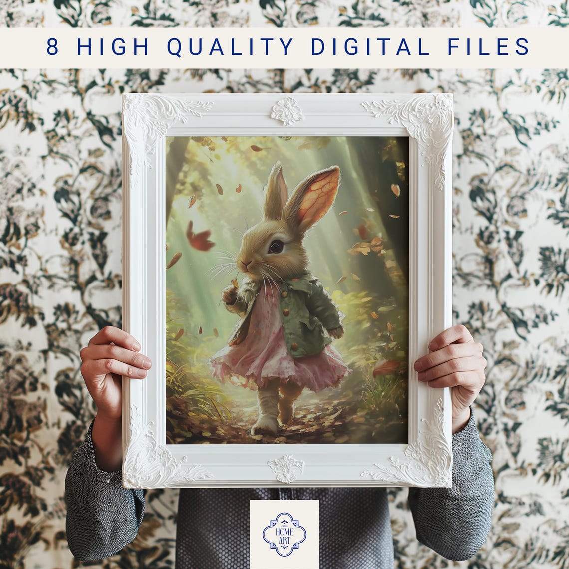 Bunny Girl in Pink Dress Strolling Through Autumn Forest Art Print - Image 3