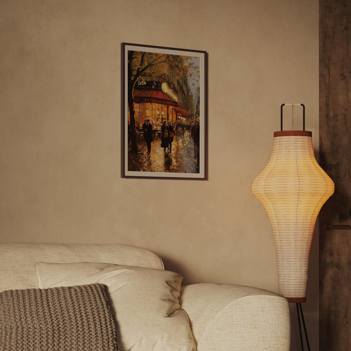 Rainy Paris Street Cafe at Night Impressionist Golden Lights Poster - Image 2