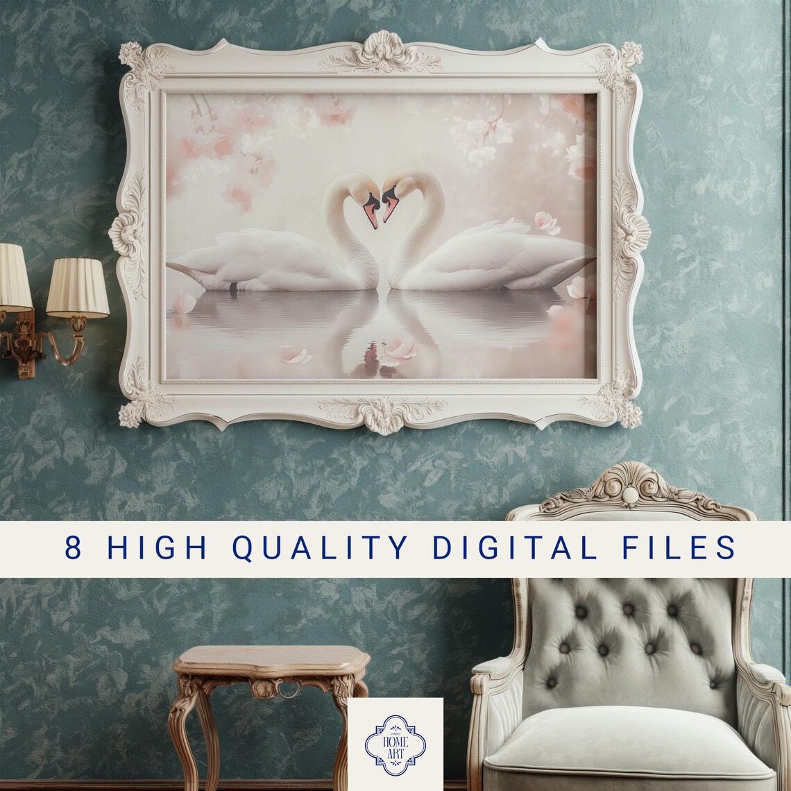 White Swans Heart Necks Romantic Valentine Lake Love Art Poster - Image 3