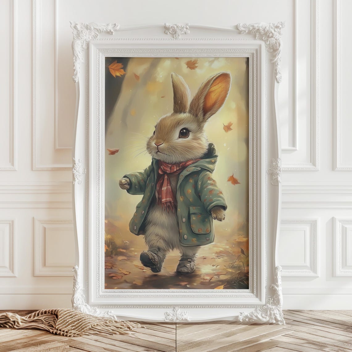 Cute Hiking Easter Bunny Print Vintage Spring Rabbit Wall Art Nursery Kids Room Decor Antique Bunny Painting