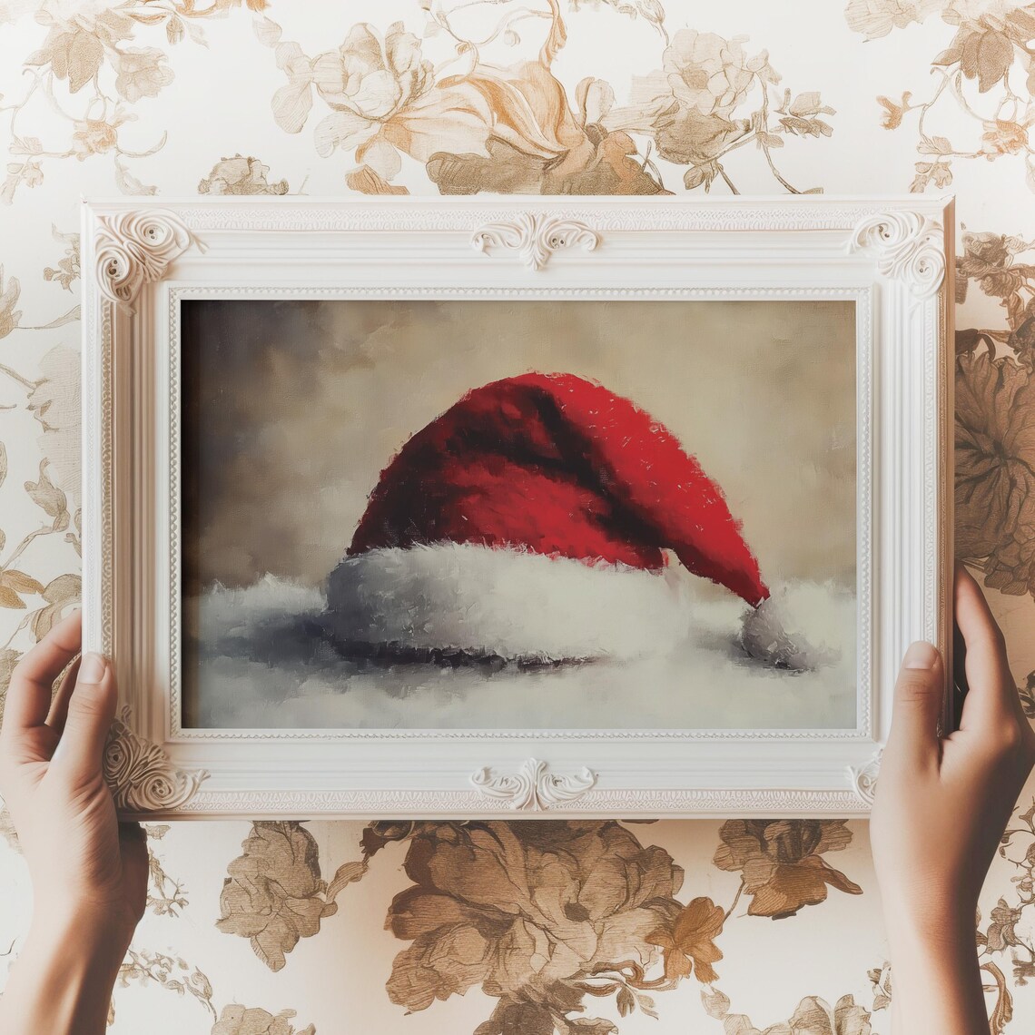 Red Santa Hat Resting In Snow Vintage Christmas Painting Poster