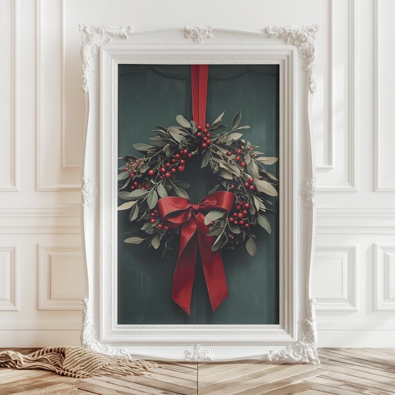 Vintage Christmas Mistletoe Print Antique Winter Sage Green Decor Rustic Holiday Wall Art Moody Festive Artwork