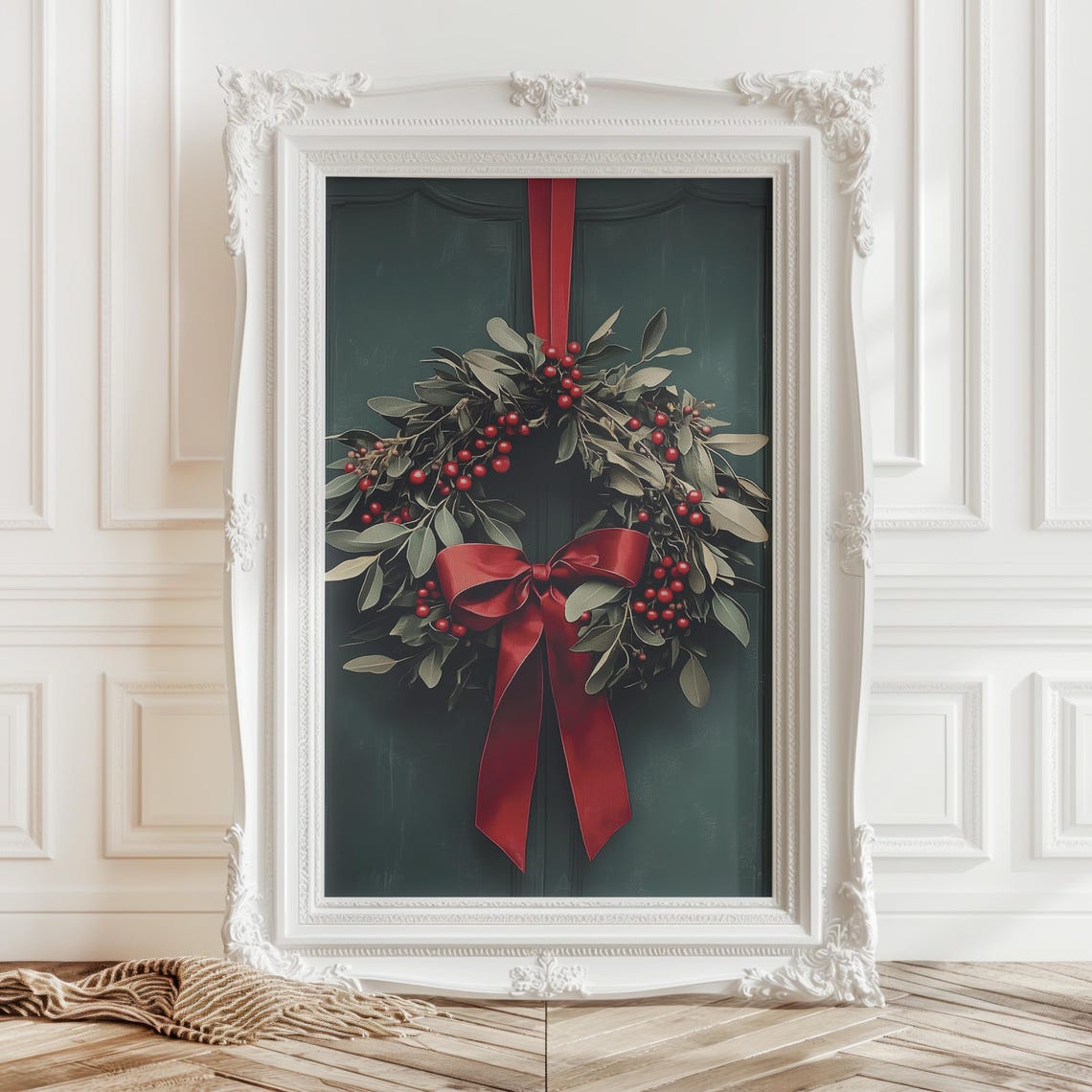 Christmas Wreath With Red Bow Hanging On Dark Green Door Poster