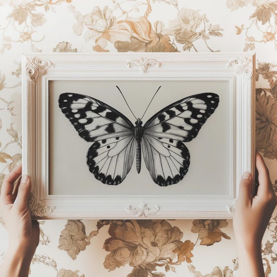 Vintage Black Butterfly Sketch Print Moody Insect Wall Art Gothic Moth Dark Academia Decor