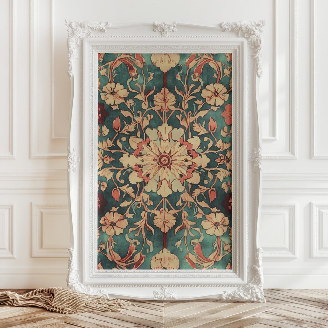 William Morris Style Floral Pattern Teal Gold Tapestry Art Poster