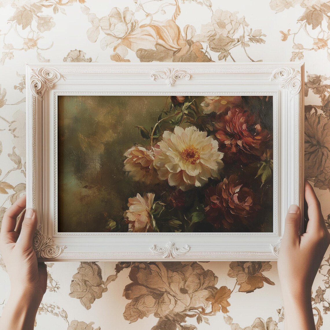Moody Floral Dark Background Peony Dahlia Rose Bloom Art Poster