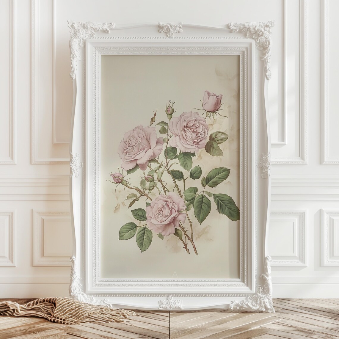 Pink Roses on Branch Botanical Illustration Vintage Floral Art Print