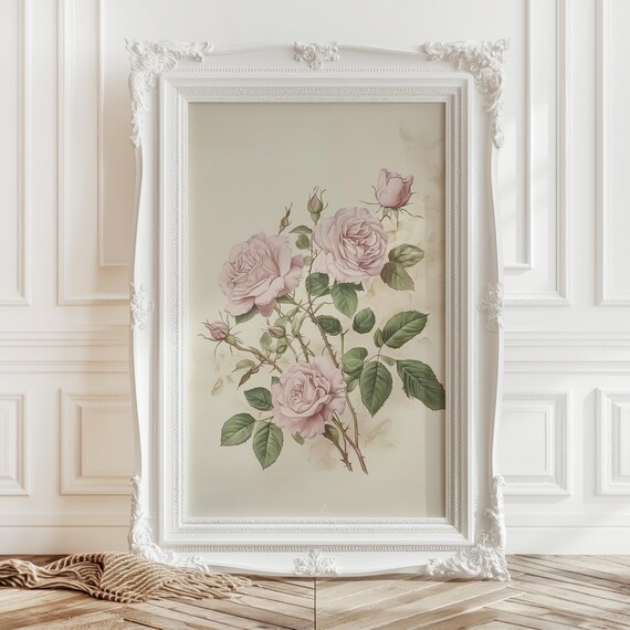 Pink Roses on Branch Botanical Illustration Vintage Floral Art Print