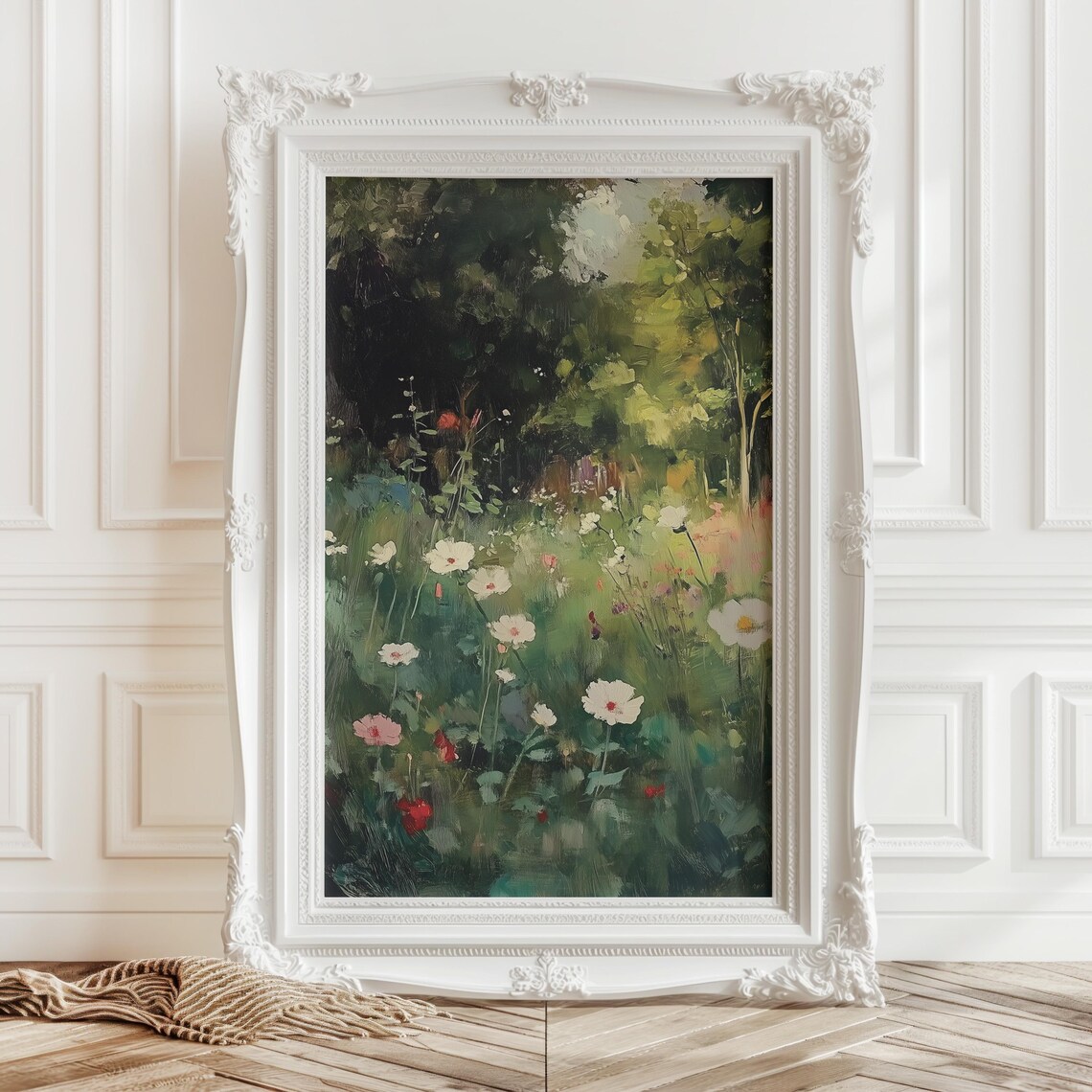 Wildflower Meadow Oil Painting with White and Pink Cosmos Flowers Print