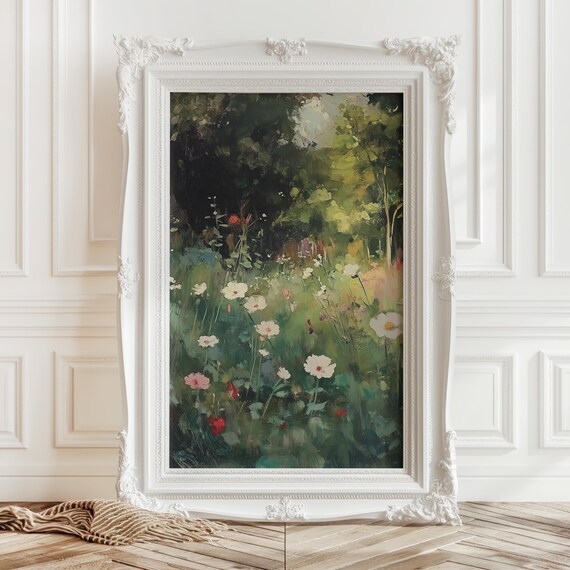 Wildflower Meadow Oil Painting with White and Pink Cosmos Flowers Print