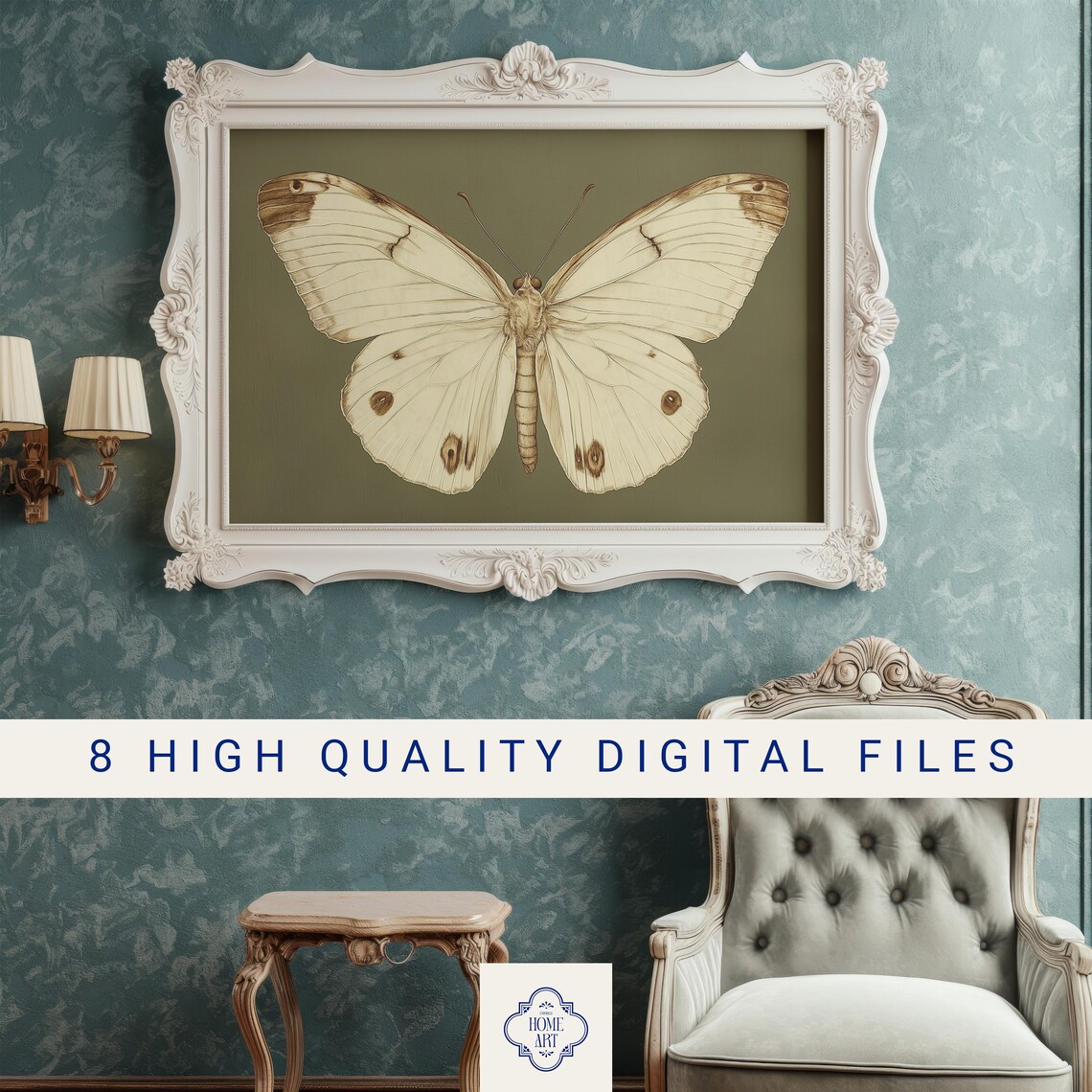 White Butterfly Vintage Entomology Dark Olive Moody Insect Wall Art - Image 3
