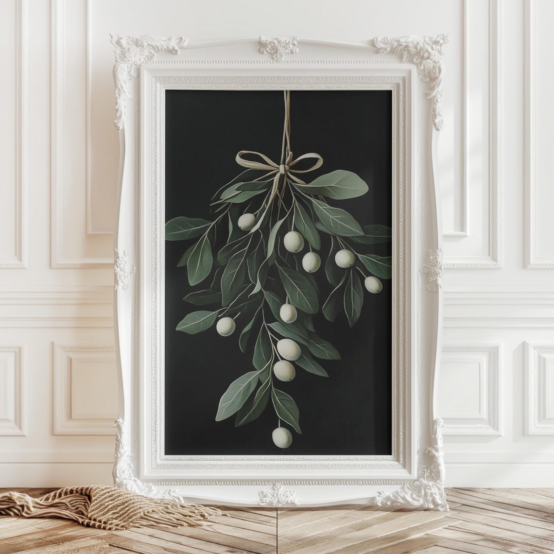 Mistletoe Branch White Berries Winter Holiday Ribbon Art Poster