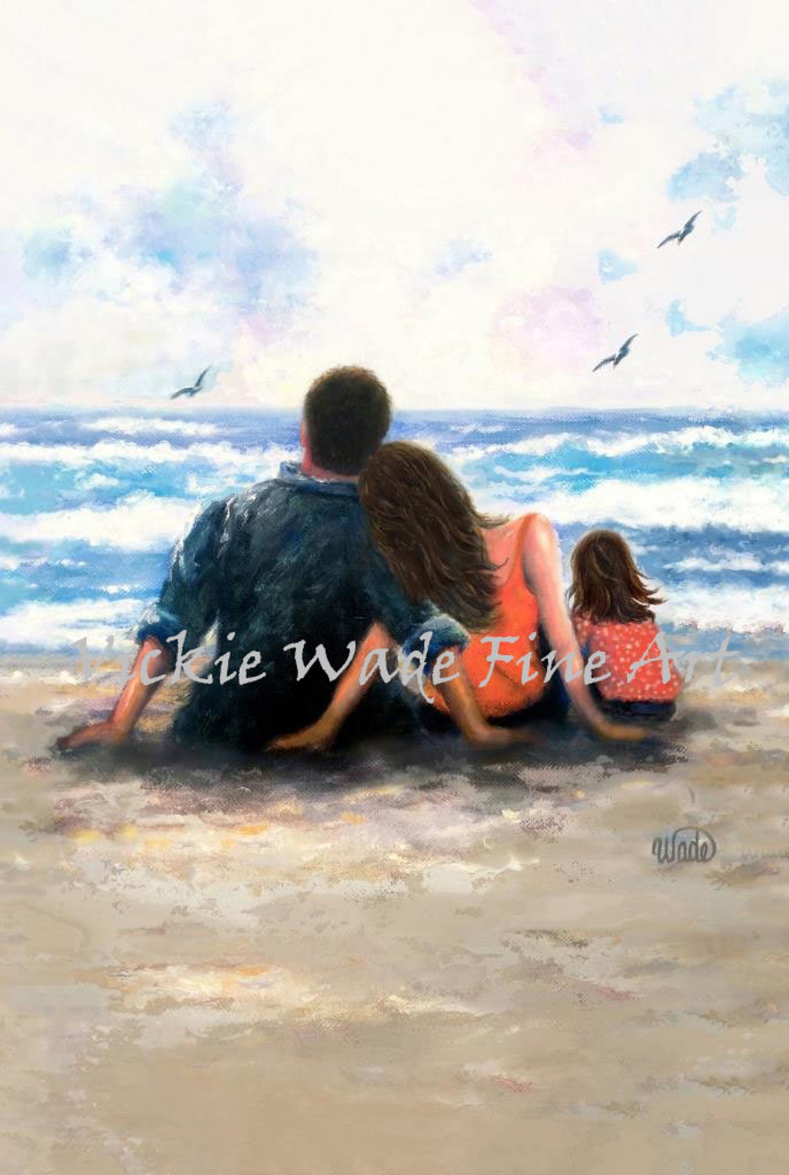Mother Father and Daughter Sitting at the Beach Watching Waves Poster