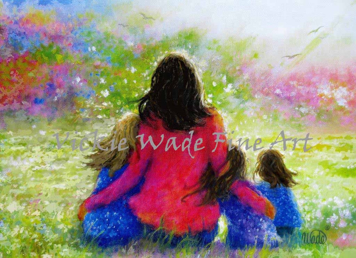 Mother Hugging Three Daughters in a Blooming Flower Garden Poster