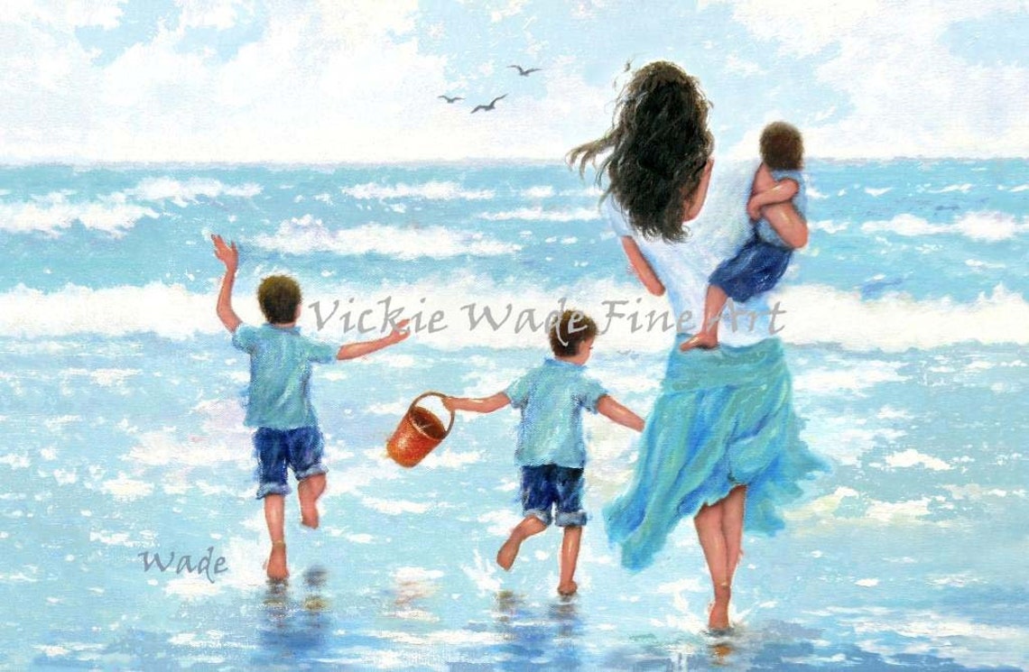 Mother with Three Young Boys Playing in the Ocean Surf Poster