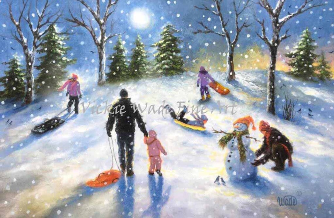 Family Sledding and Building a Snowman in the Winter Woods Poster