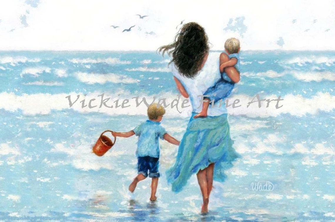 Mother and Two Sons Splashing Together at the Ocean Shoreline Poster
