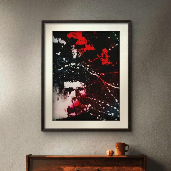 Night Sky Abstract Nature Painting Acrylic On Paper Vivid White Red Streaks And Lines On Black Backdrop Art