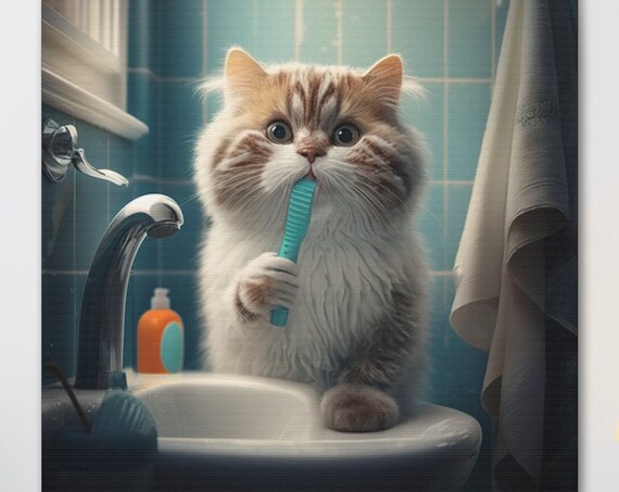 Fluffy Cat Brushing Teeth in a Blue Tile Bathroom Sink Poster