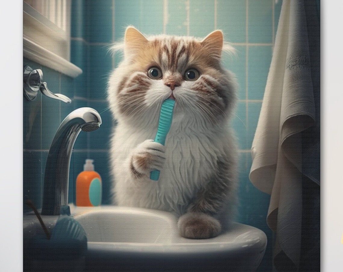 Fluffy Cat Brushing Teeth in a Blue Tile Bathroom Sink Poster