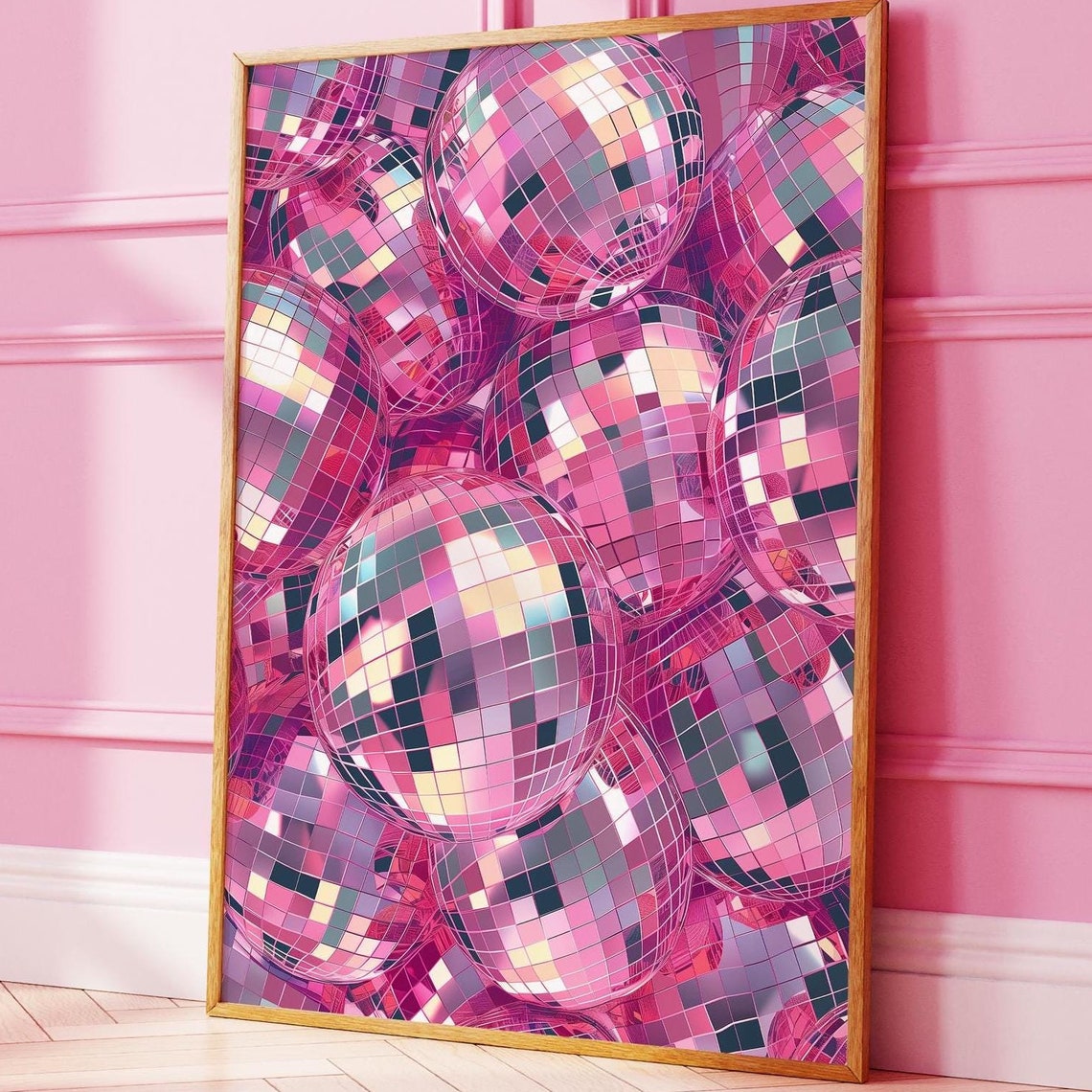Pink Disco Balls Party Trendy Retro 70s Sparkle Statement Poster