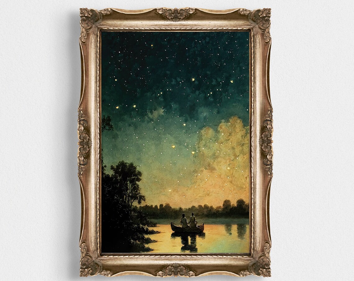 Starry Teal Night Sky Canoe On Golden Lake Vintage Star Gazing Poster