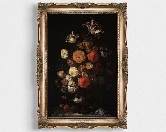 Vintage Moody Painting Victorian Wall Art Dark Flower Painting Art 18th Century Print Moody Floral Art Dark Academic Print