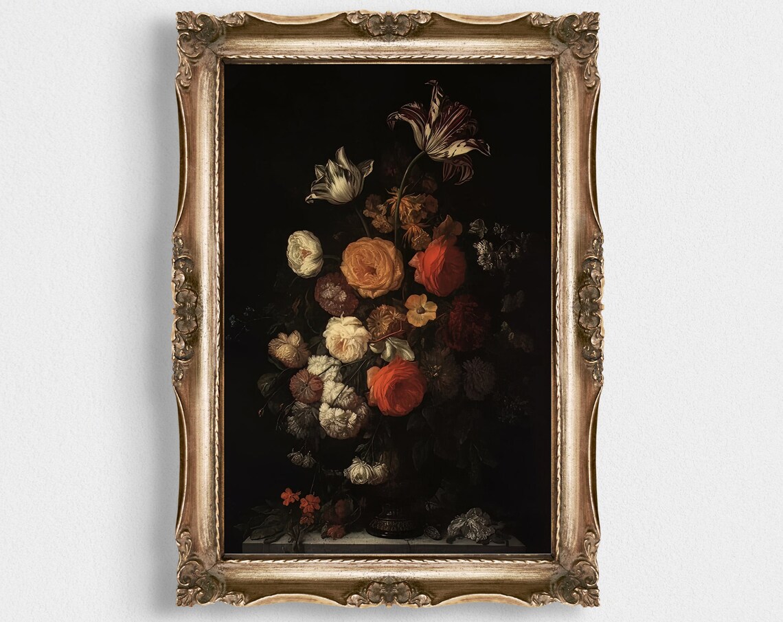 Dark Floral Still Life Orange Red And White Roses On Black Poster