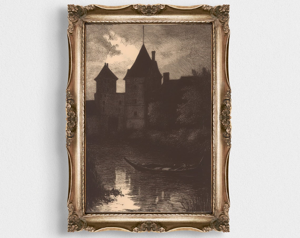 Dark Castle By The Water Gothic Night Etching Mystery Art Poster