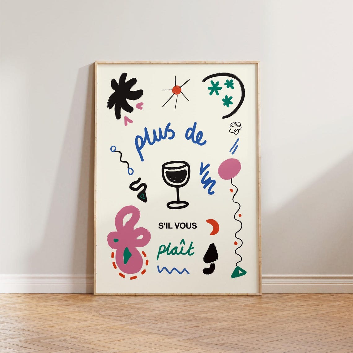 French Wine More Please Hand Drawn Doodle Style Quote Poster