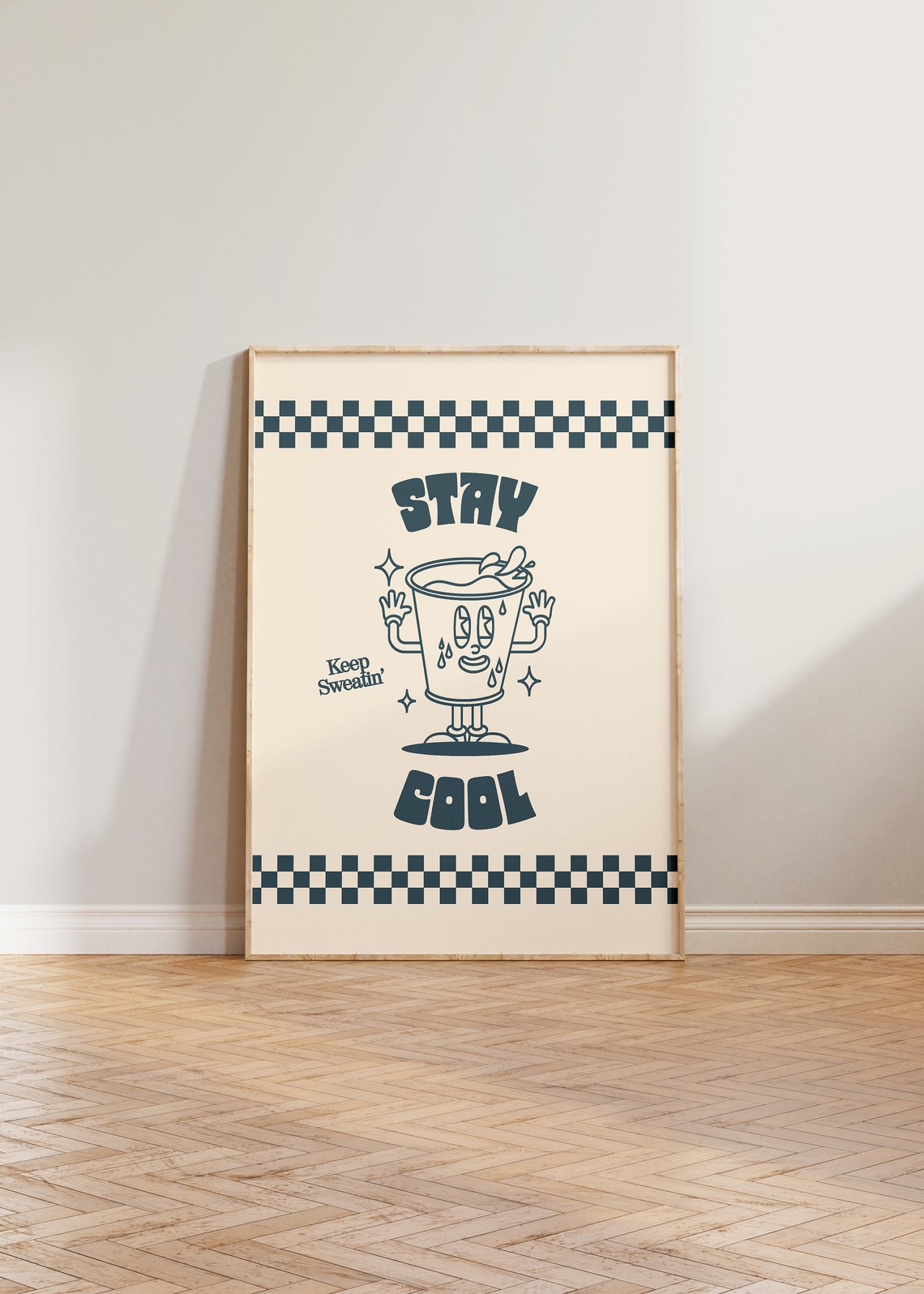 Stay Cool Retro Cartoon Drink Mascot Checkerboard Style Art Poster
