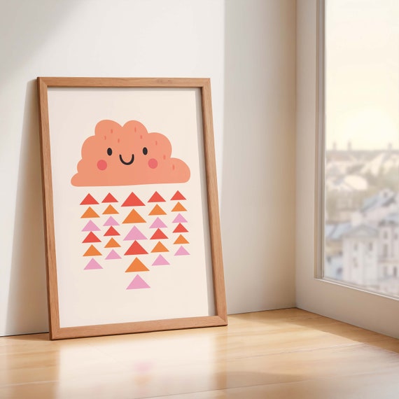 Happy Cloud Print Kids Playroom Art Retro Nursery Decor Smiley Face Poster Pink Toddler Bedroom Colorful Abstract Wall Art