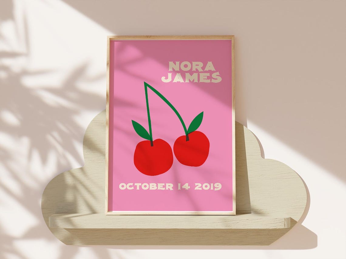 Nora James Personalized Name Birthdate Cherry Nursery Poster - Image 2