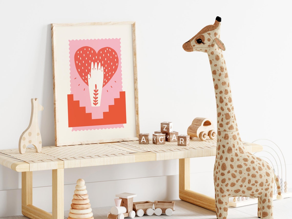 Scandi Heart in Hand Kids Poster with Red and Pink Folk Art Style - Image 3