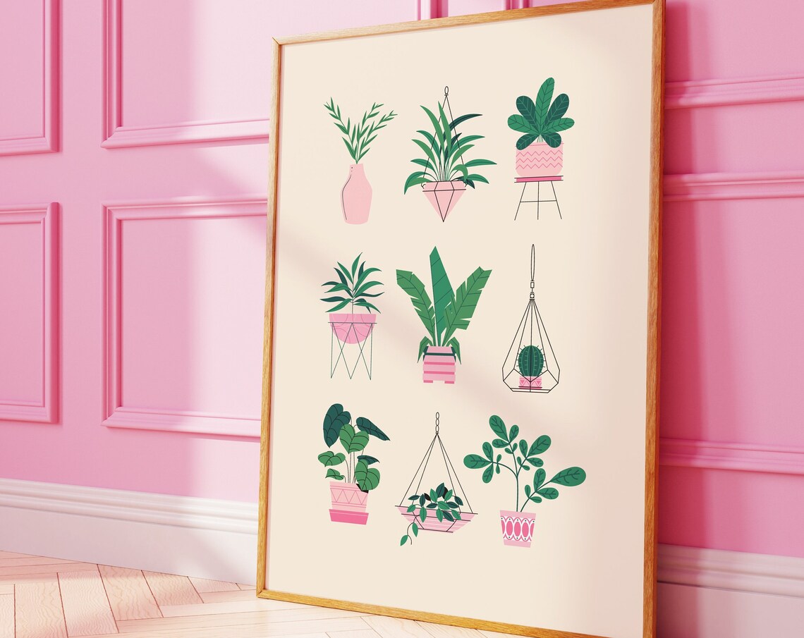 Houseplants Botanical Illustration Pink Pots Plant Lady Art Poster